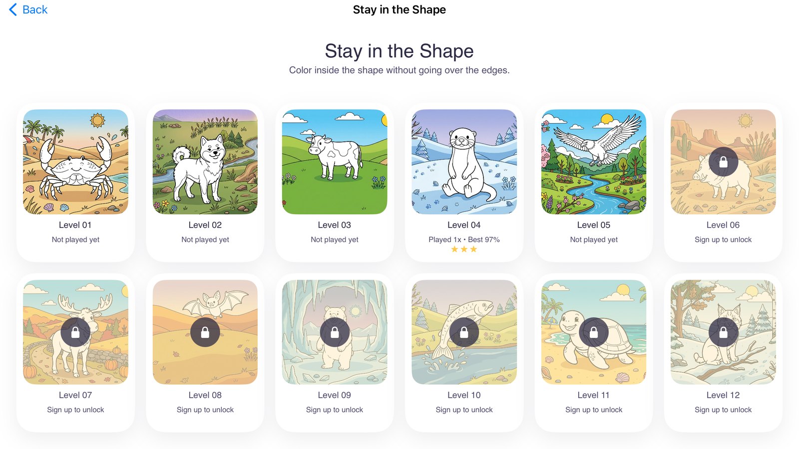 Stay in the Shape level select — 12 levels