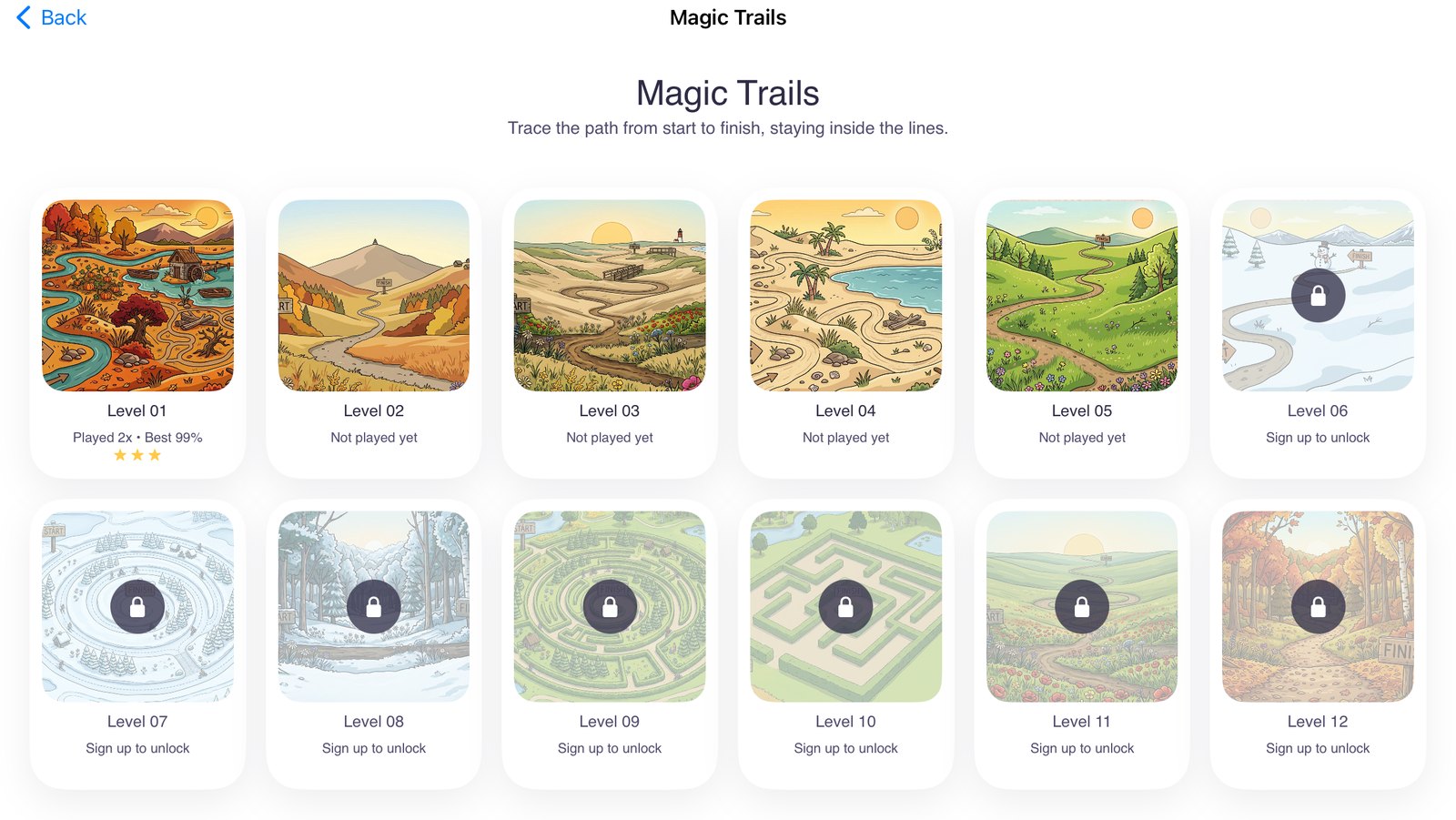 Magic Trails level select — 12 levels
